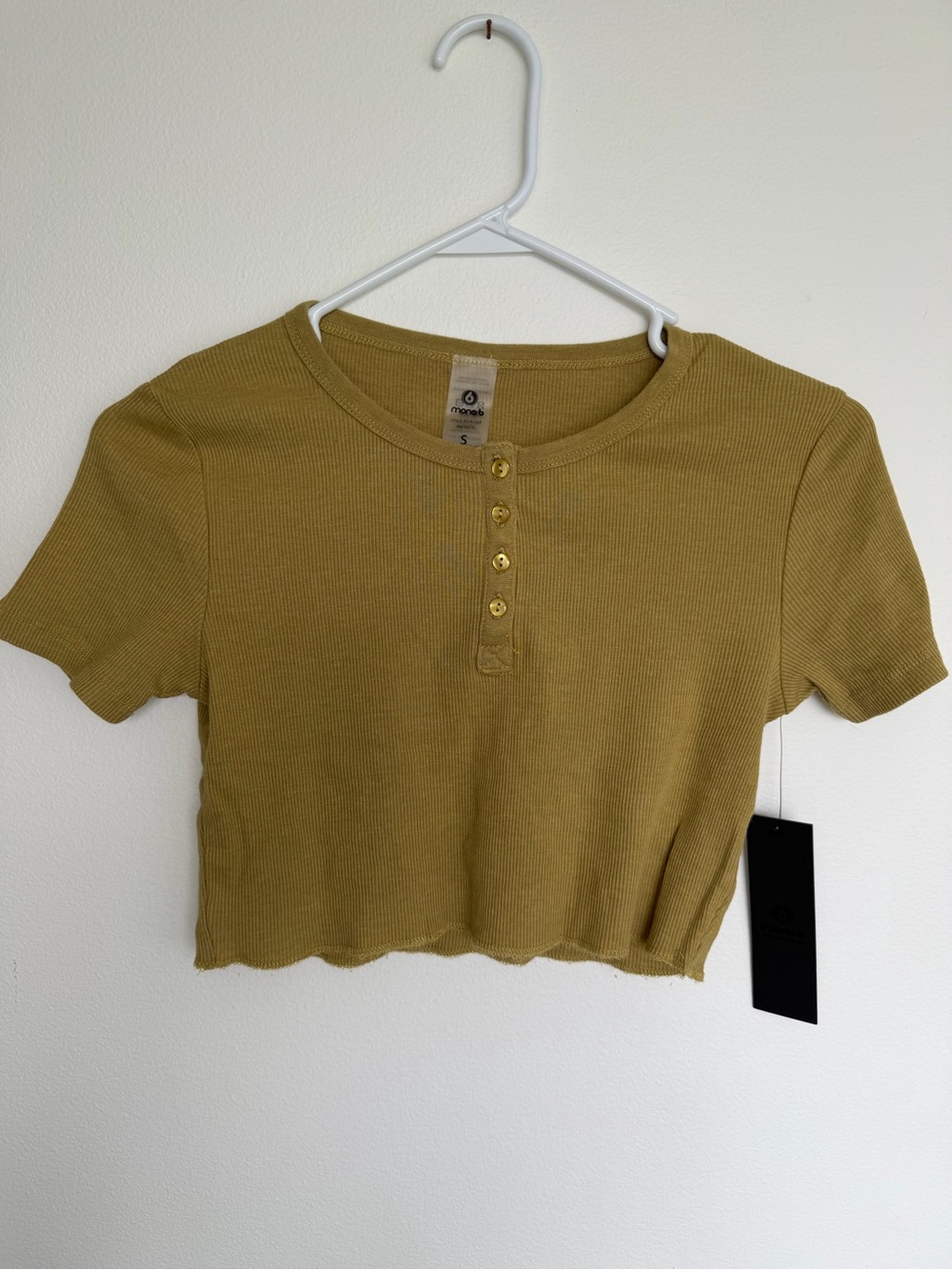 Mono B Olive Greenish/Mustard Ribbed Henley Crop Top